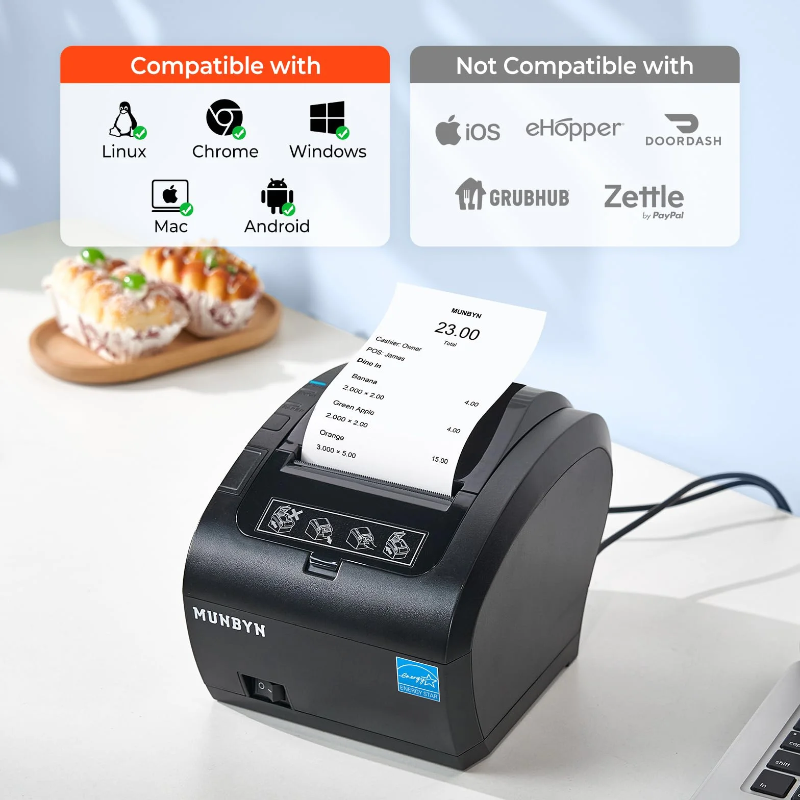 MUNBYN Bondrucker MFi-Zertifizierung mit IOS(erfordert eine App) 300mm/s Bluetooth Belegdrucker Quittungsdrucker Thermodrucker Auto-Cut, BT/USB/LAN【Unterstützt Nicht PayPal, DoorDash, Grubhub, Vagaro】