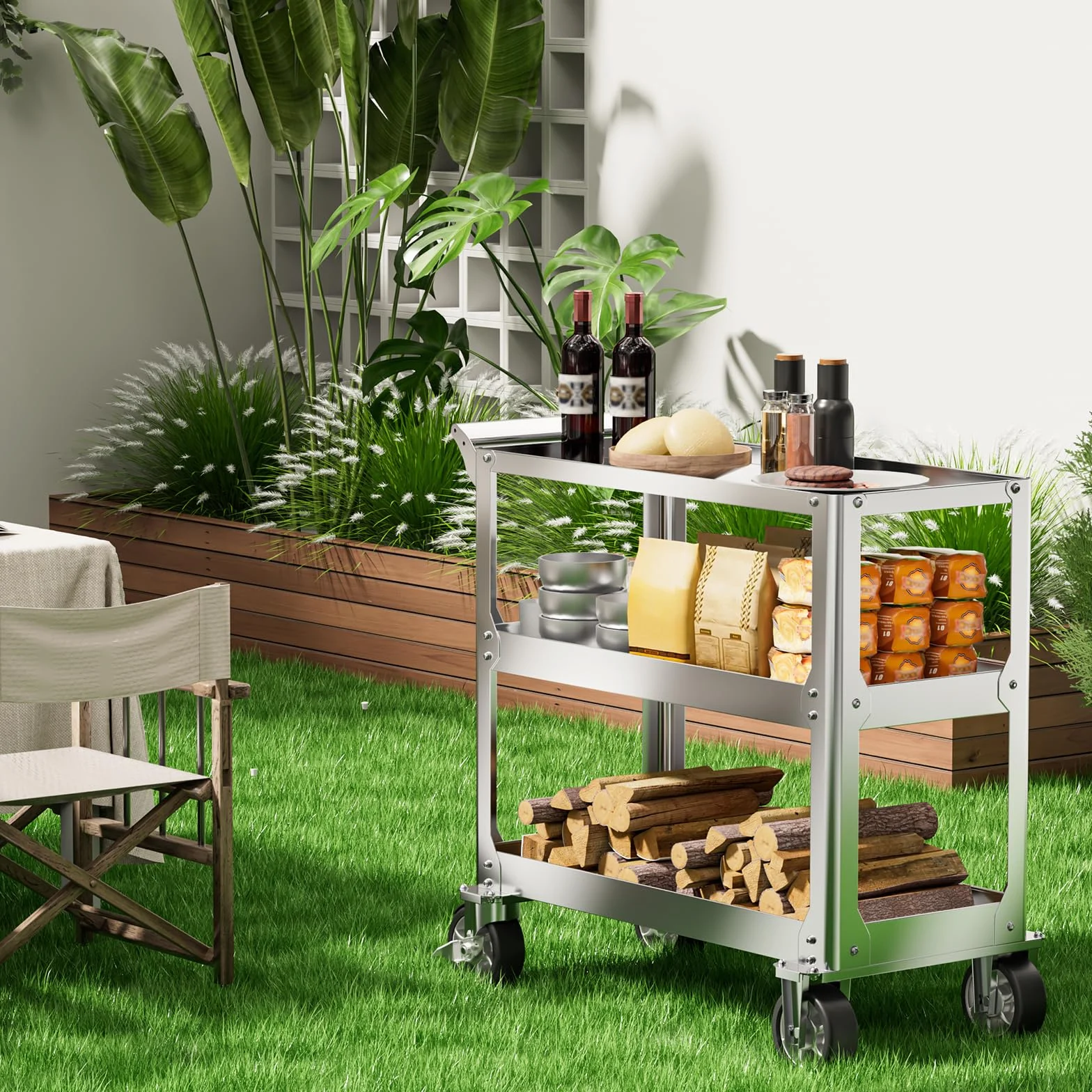 Edelstahl Rollwagen Werkstatt, 3-Etagen Rollbar Montagewagen mit 500kg Tragkraft, Multifunktionaler Materialwagen mit Rollen, Kommissionierwagen, Vielzweckwagen für Garage, Werkstatt, 78 x 46 x 92cm