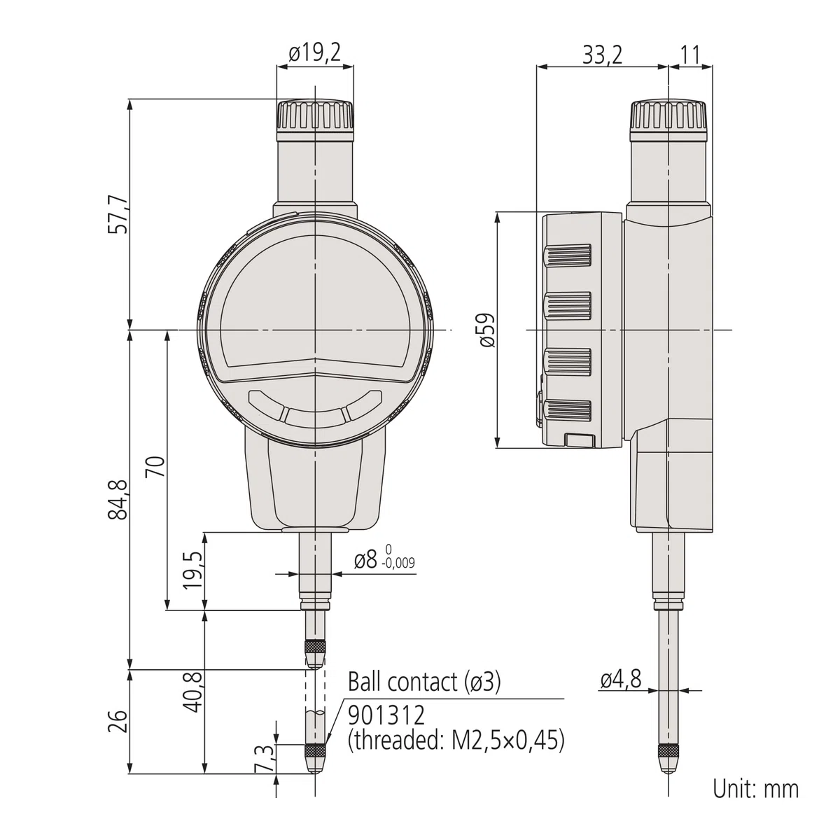 Mitutoyo 543-720B ABS Digital-Messuhr ID-C0525NXB, 25,4 mm | 0,01 mm, flache Rückplatte, Nullpunkt gespeichert, Datenausgang