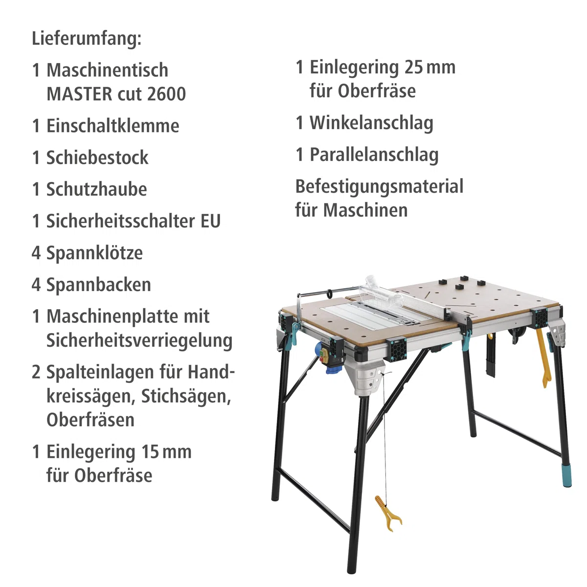 wolfcraft Master Cut 2600 - multifunktionaler mobiler Maschinentisch für Tischkreissäge, Stichsäge, Kapp- und Gehrungssäge, Arbeitsstation, Fräse und geführte Handkreissäge - klappbar - 6918000