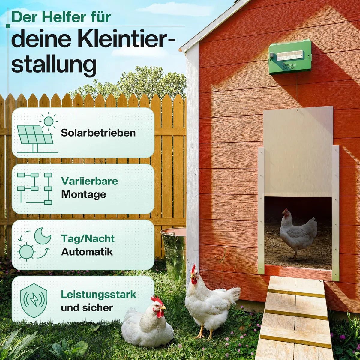 Solar Türöffner 5kg für Hühner, automatische Uhrzeitermittlung und Jahreszeitanpassung, mit integriertem Speicher und Doppelrolle, für Ihre Hühnerklappe nachrüstbar (Braun, Basis Paket)