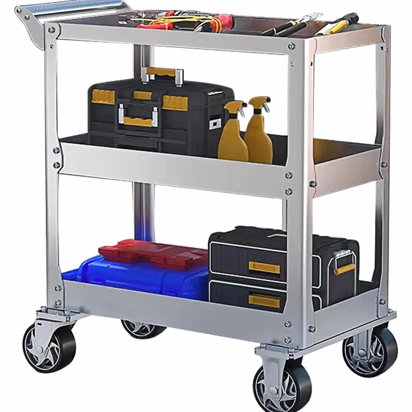 Edelstahl Rollwagen Werkstatt, 3-Etagen Rollbar Montagewagen mit 500kg Tragkraft, Multifunktionaler Materialwagen mit Rollen, Kommissionierwagen, Vielzweckwagen für Garage, Werkstatt, 78 x 46 x 92cm