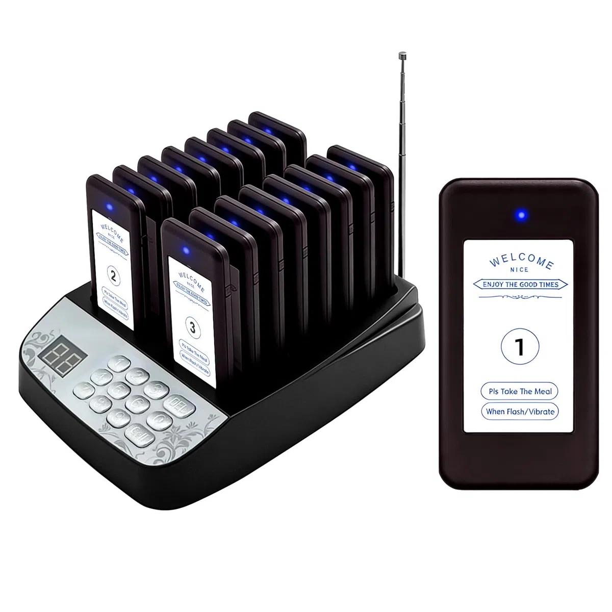 Pager Rufsystem, 500M Restaurant Pager System, 16 Pager und Summer mit Vibrations-, Blink- und Piepton-Alarmen für Restaurants, Imbisswagen, Kirchenkindergärten, Cafés