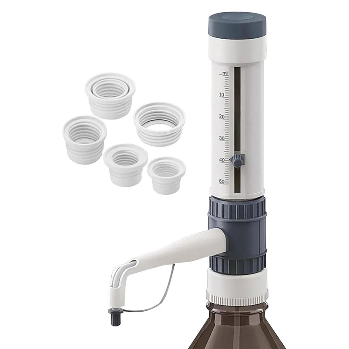 Flaschenaufsatz-Dosiergerät for Labore, Dosiergerät for Flüssigkeiten mit 5 Flaschenadaptern in verschiedenen Größen, max. Druckbeständigkeit 500 mbar(2.5-25ml)