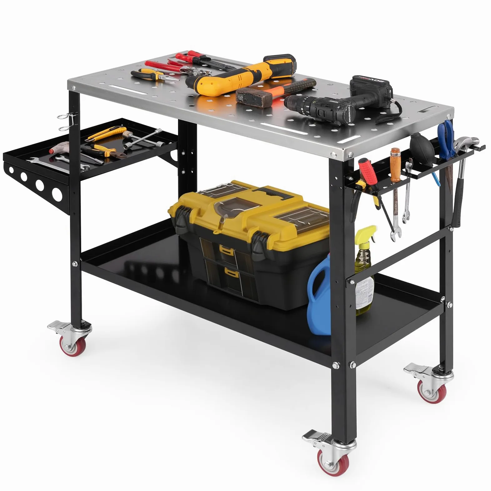 GYMAX Mobiler Schweißtisch 92x46cm, Werkbank mit 2 Ablage & Seitentablett, Schweißwagen mit 2 Schweißdüsenhaltern, 8 Werkzeugschlitzen & Rädern, Schweißwerkbank 540 kg Tragfähigkeit