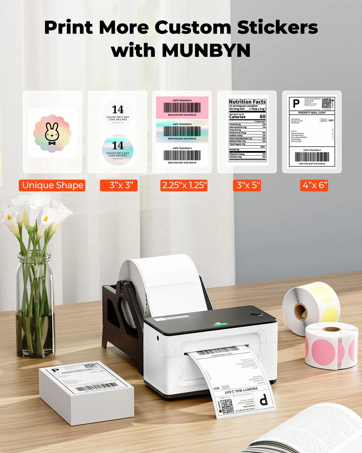 MUNBYN Etikettendrucker DHL 300 DPI Bluetooth, Labeldrucker 4XL Etikettendrucker Label Printer Thermo-Versandetikettendrucker Desktop für Shopify DPD DHL UPS, 941BP, Weiß