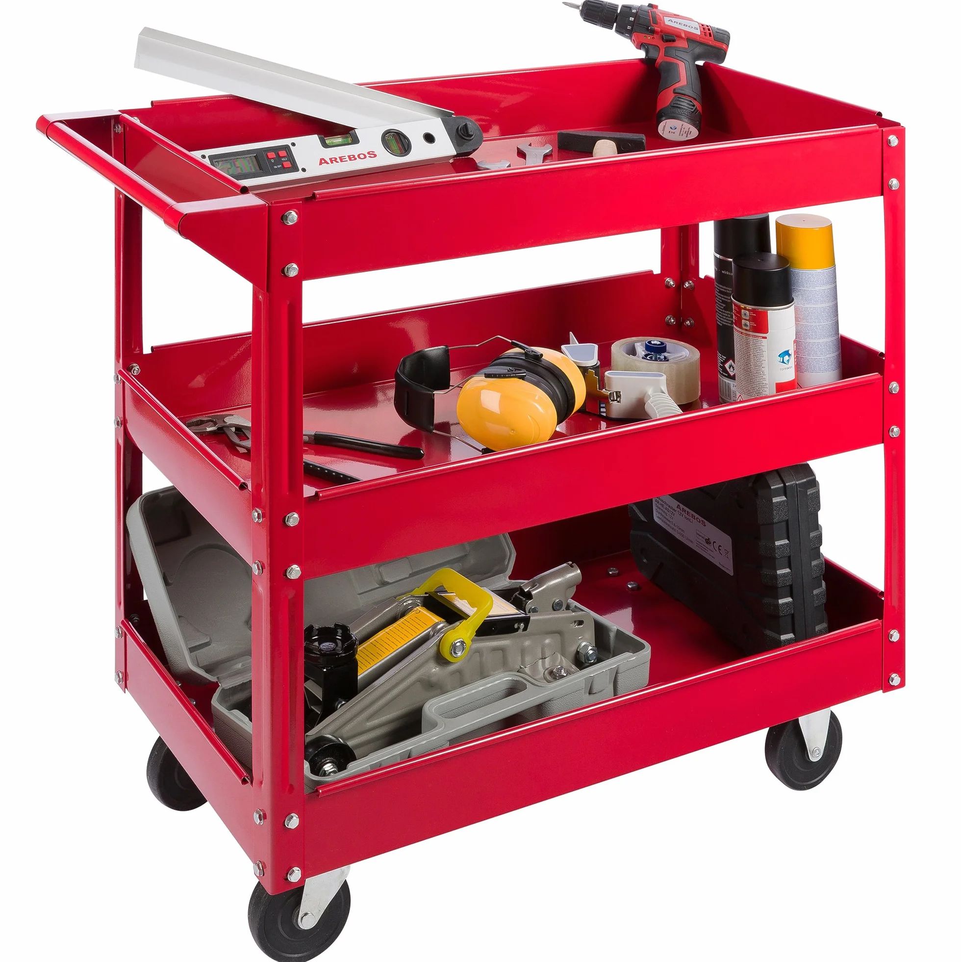 Arebos Werkstatt-Rollwagen | Montagewagen mit 3 Ablagefächern | bis 120 kg belastbar | robuster Werkzeugwagen aus Stahl | Mobile Transporthilfe | für Werkstatt, Garage & Hobbyraum | 2er Set