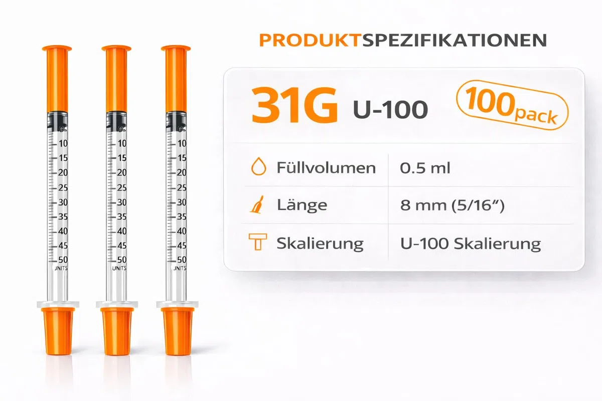 100 Stück 0,5 ml U100 Präzisions-Dosiertubes 31G x 5/16" (0,25 x 8 mm), einzeln verpackt für Labor und technische Anwendungen