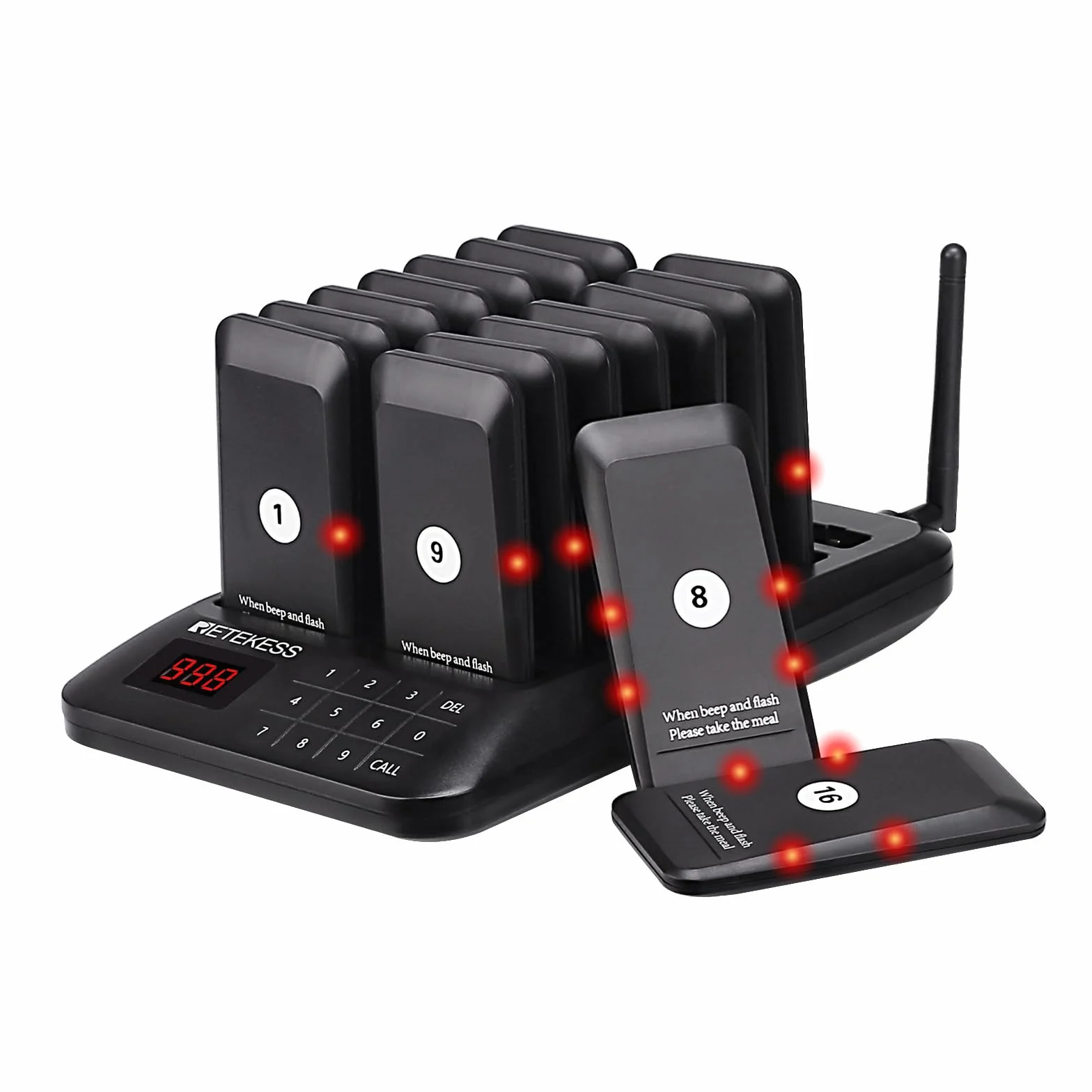 Retekess TD157 Pager System, 16 Pagers, Pager Rufsystem Gastro, Draußen 500M, 300mAh Akku, mit Vibration, 998 Kanäle, Aufrufsystem für Restaurants, Bar, Imbisswagen