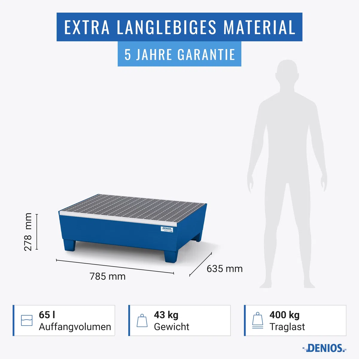 DENIOS Auffangwanne aus Stahl | mit Gitterrost und Stellfüßen | blau | BxHxT 635 x 278 x 785 mm | Volumen 65 Liter | 2 Fässer | Arbeitssicherheit Notfall-Umweltschutz-Produkte säurefest