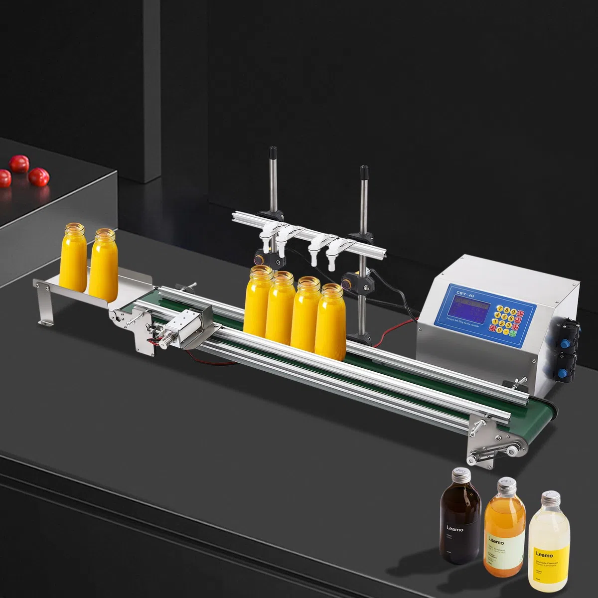 Abfüllmaschine für Flüssigkeiten mit Förderband und 1-4 einstellbaren Fülldüsen für 10-500ml Füllbereich Diaphragmenpumpe 150W geeignet