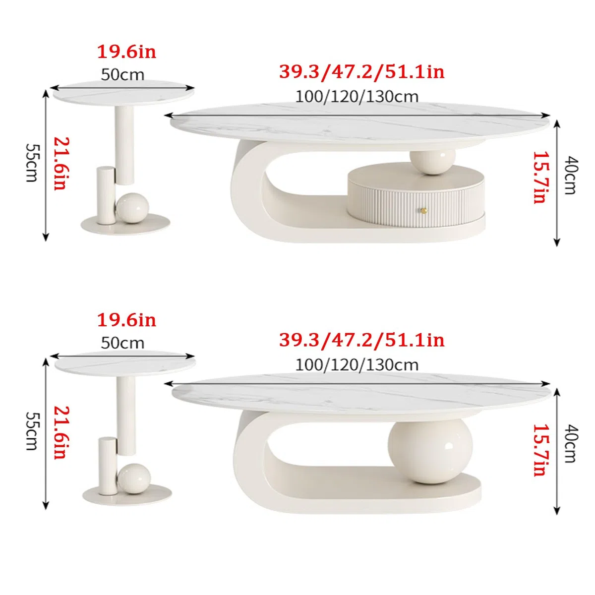 Ineinander stapelbares Couchtisch-Set, mit Schubladen, in Zwei Ausführungen erhältlich, bodenstehendes Design, halbmondförmiges Couchtisch-Set, 2 Stück, weiß (WeißA, 39 Zoll + 20 Zoll)