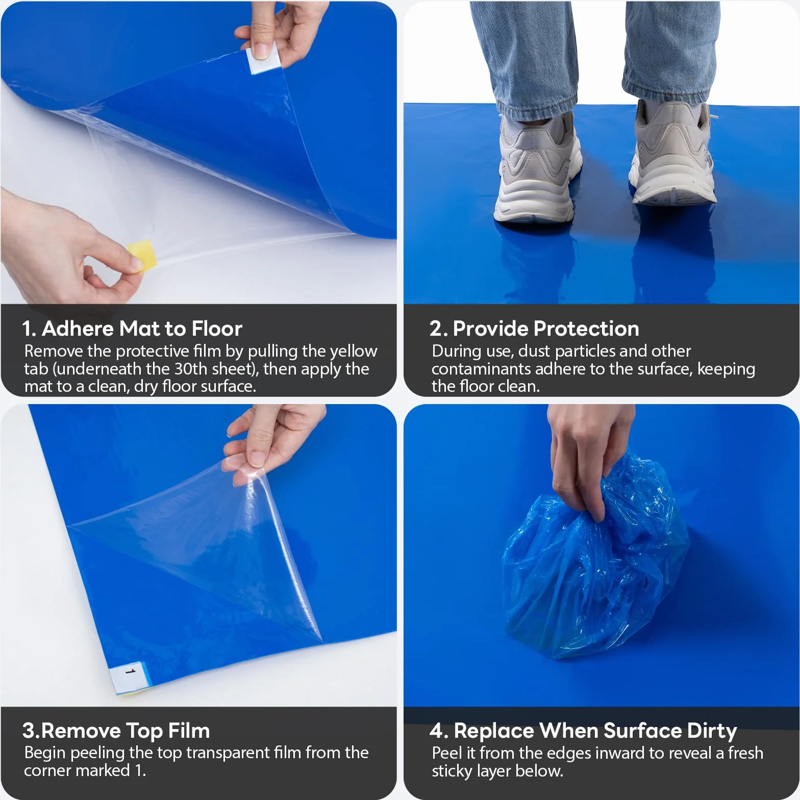 60 x 90 cm Blau Boden Klebrige Matten 180 Blatt (6 Blöcke à 30 Blatt), Reinraum Klebematte Tearable Selbstklebende Staubfreie Klebematte Reinigungs für Das Home, Labor, Office, Krankenhaus, BAU