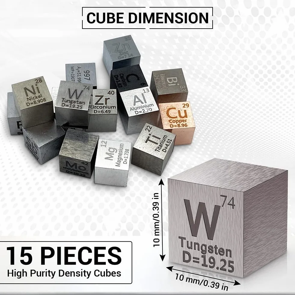 15-Teiliges Würfelset Aus Metallelementen – Dichtewürfel-Set für 1 Periodensystem der Elemente – Würfel Aus Reinem Wolfram (10 Mm), Gut Verarbeitet, 99.5%-99.99%