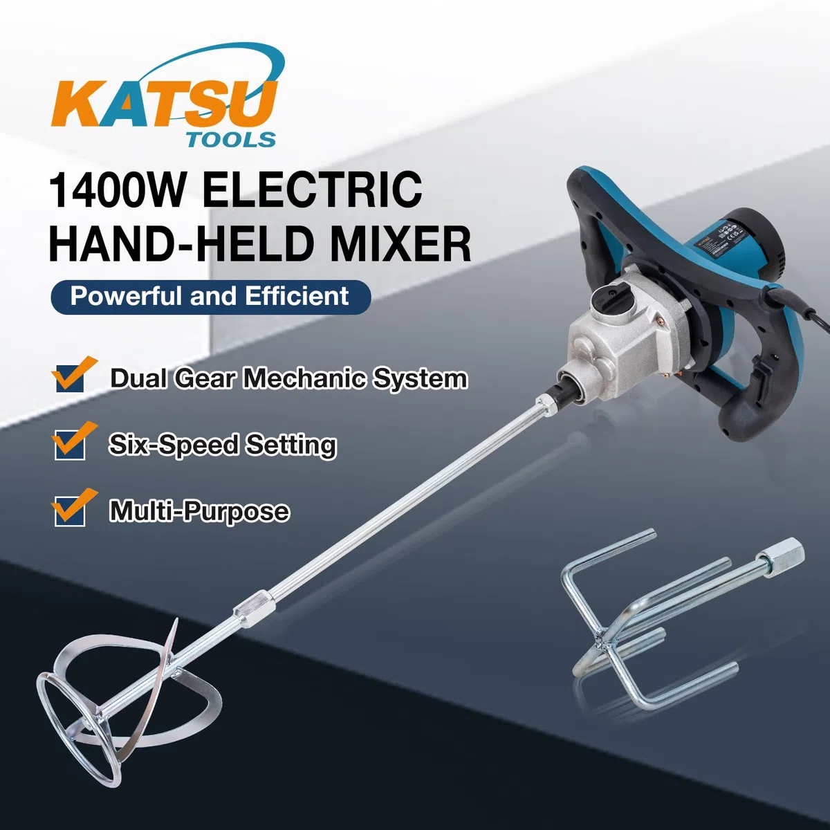 KATSU Tools Elektrischer Paddelmischer 1400 W – Doppelgetriebe-Mechaniksystem, 6 variable Geschwindigkeiten, zusätzlicher Rührer, zum Mischen von Farbe, Zement, Beton, Mörtel