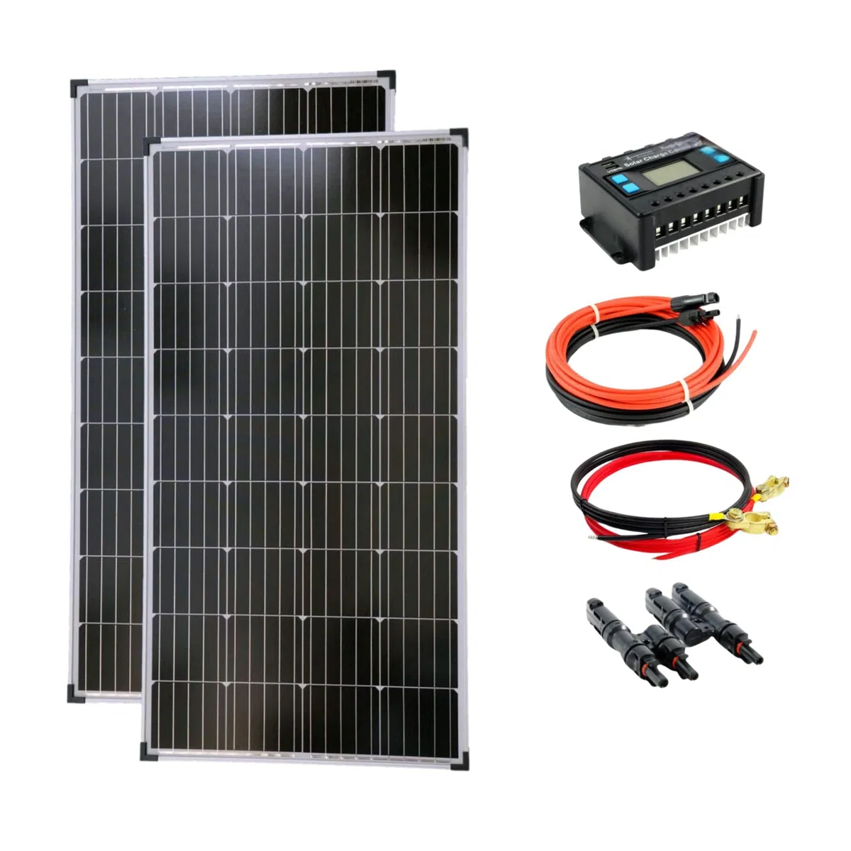 SOLARTRONICS Solar Set: 2x 130W monokristalline Solarmodul + 20A Laderegler blau + PV Kabel + Solarstecker Photovoltaik Inselanlage für Camping, Gärten