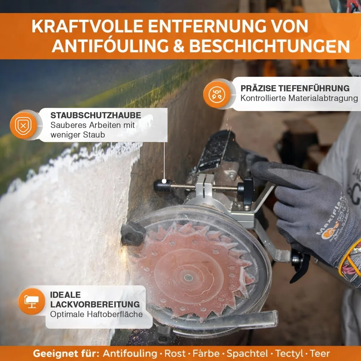 Schleifscheiben - Reinigungsscheibe für größere Reparaturen, Zum Entfernen von Farbe, Spachtelmasse, Rost, Tectyl, Teer, Schweißnähten & anderen Schichten, Auch zum Reinigen von Schweißnähten