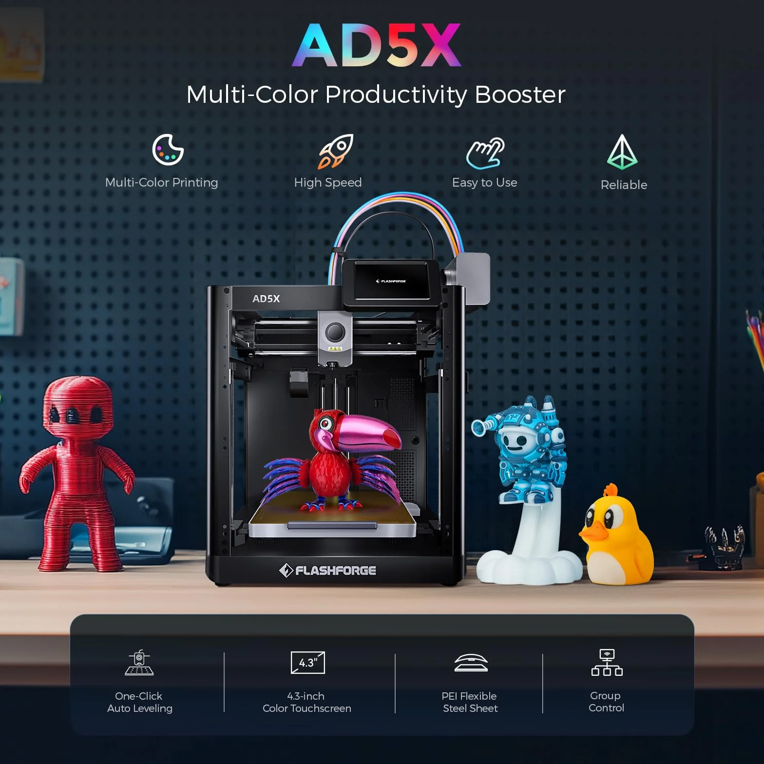 Flashforge Adventurer 5X 3D-Drucker mit Mehrfarbendruck, Anpassbar mit IFS,AD5X 3D-Drucker für mehrere Materialien,Vollautomatische Nivellierung,Maximale Geschwindigkeit: 600mm/s,Unterstützt PETG CF