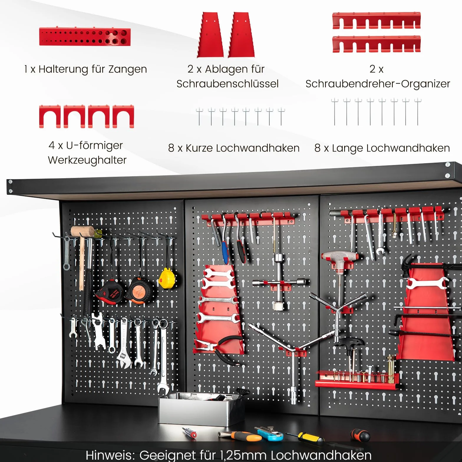 COSTWAY Werkbank, Werkzeugbank mit Lochwand, Werktisch mit Schublade, große Arbeitsplatte & 3 Ablagen, inkl. 13 Zubehörteile zum Aufhängen, Arbeitstisch für Garage und Werkstatt (121 x 61 x 156 cm)
