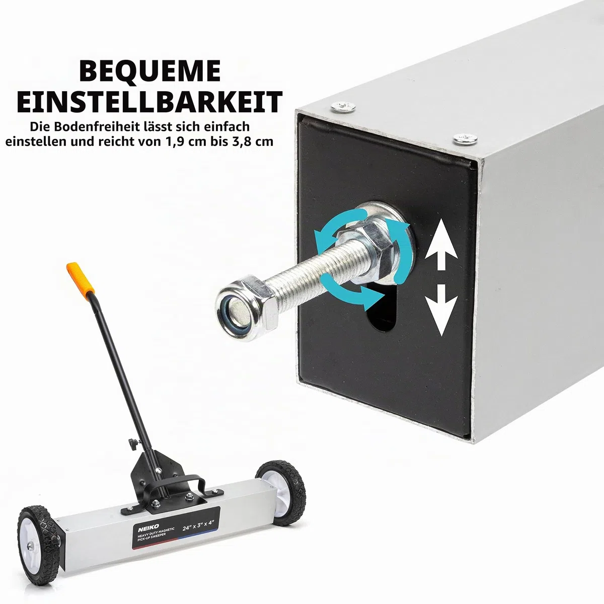 NEIKO 53416A 24” Rolling Magnetic Sweeper with Wheels, 50 Pound Capacity, Adjustable Handle & Floor Magnet Clearance Height, Metal Pick Up and Nail Magnet, Floor Sweeper for Construction, Shop, Etc.