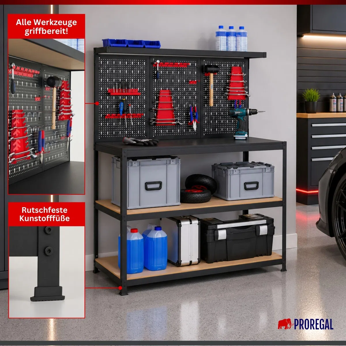 PROREGAL Profi Werkbank ARES mit Werkzeug Lochwand für Werkstatt 155x120x60cm Fachlast 150kg inkl. Werkzeughalter Schwarz Werktisch mit Lochplatte Werkzeugbank Arbeitstisch mit Werkzeugwand Werktisch