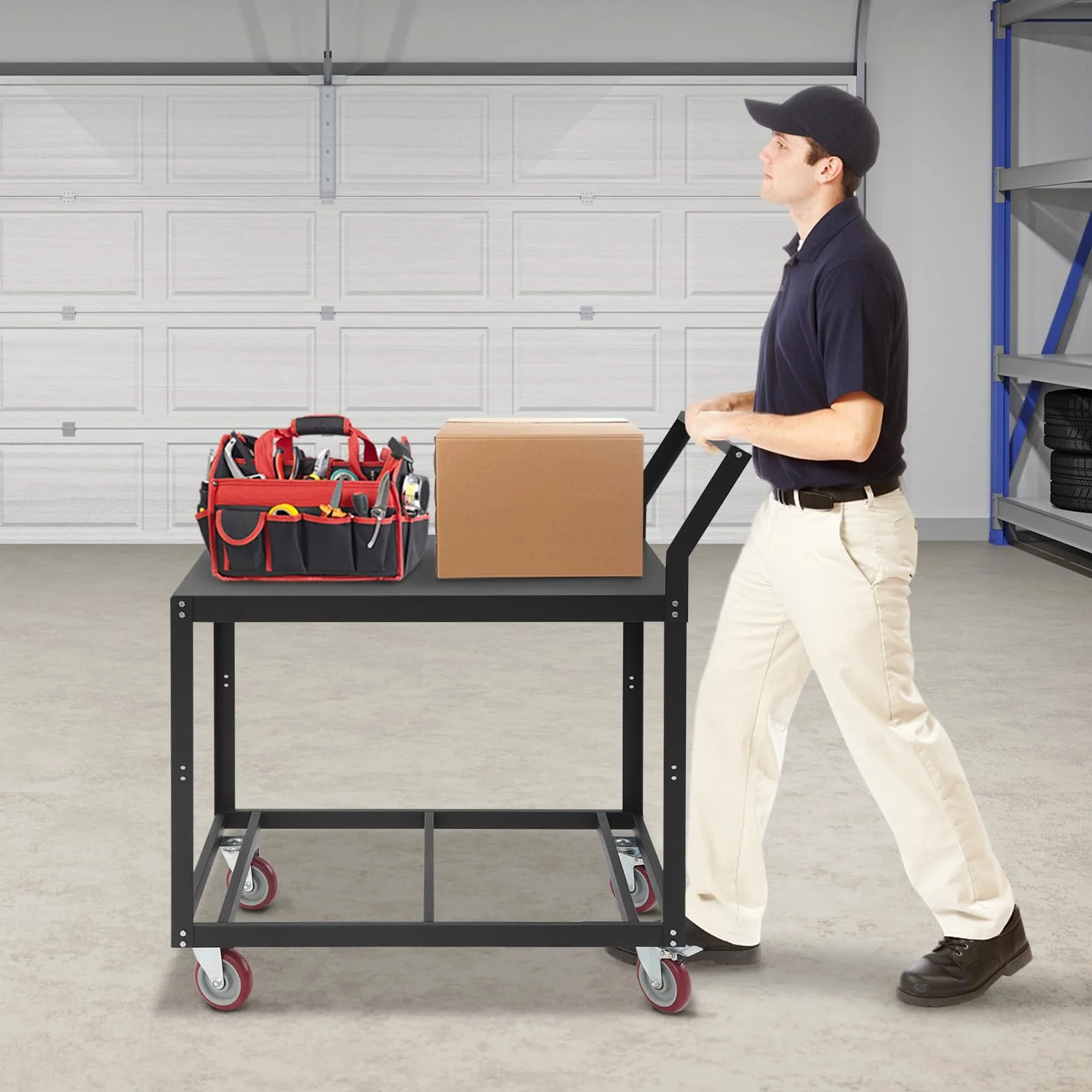 Arbeitstisch mit Rollen 350kg Traglast, Stahl Werkbank Rollwagen Industrie, Schwerlast Transportwagen mit 4 Rädern & 2 Bremsen, Metall Arbeitstisch für Werkstatt, Garage, Garten (Schwarz, 90x60x106cm)