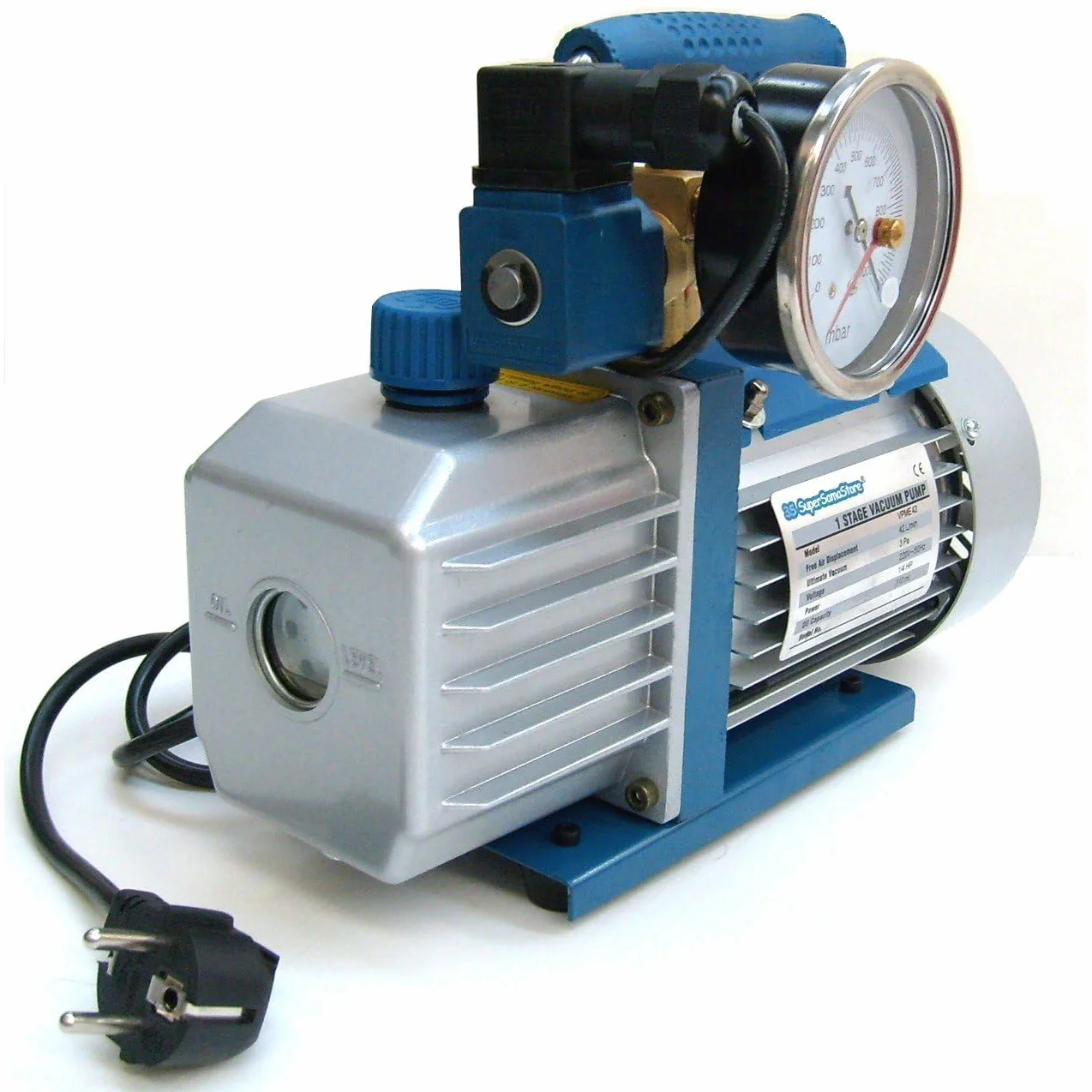 3S SuperSamaStore Einstufige Vakuumpumpe 42 Liter/Minute mit Magnetventil, Vakuummeter und Ergonomischem Griff, Inklusive Öl und Schuko-Stecker, Modell VPME42