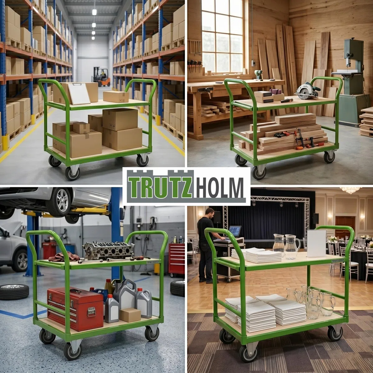 TRUTZHOLM Etagenwagen Tragkraft 250 kg Stahlrahmen 2 Etagen höhenverstellbar pannensichere Vollgummiräder mit 2 Feststellbremsen Transportwagen Tischwagen Plattformwagen Handwagen Schiebewagen