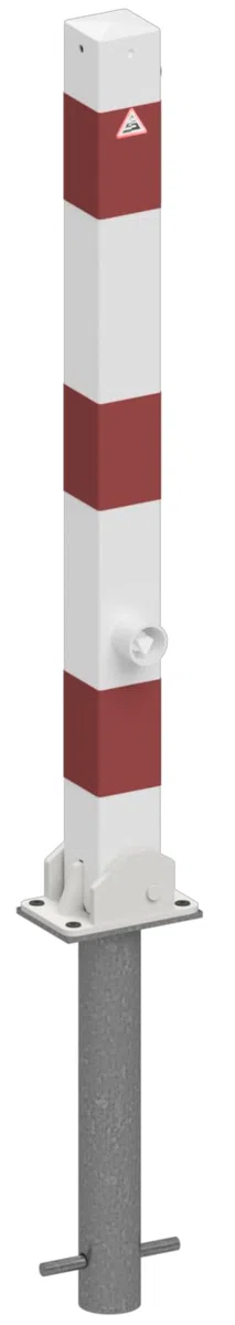 Absperrpfosten 70 x 70 mm umlegbar zum Einbetonieren mit Bodenhülse und Dreikantverschluss nach DIN 3223