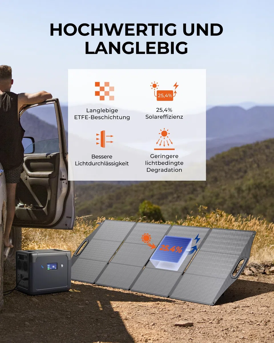 [N-Type Solarzelle] BigBlue 200W Solarpanel ETFE, Faltbares Solarmodul mit 5 Anschlussart für Tragbare Powerstation und Batterie, IP68 Solarladegerät für Camping Garten Balkon Wohnwagen