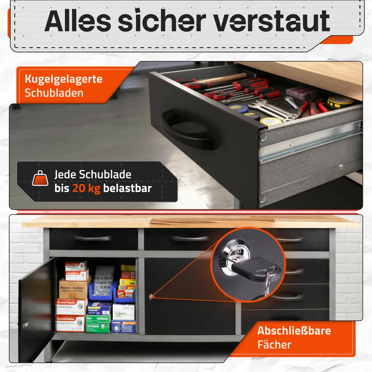 Ondis24 Werkbank Karsten Werktisch Packtisch 6 Schubladen Werkstatteinrichtung 160 x 60 x 85 (H) cm Buchenholzarbeitsplatte, Metall bis 510kg belastbar