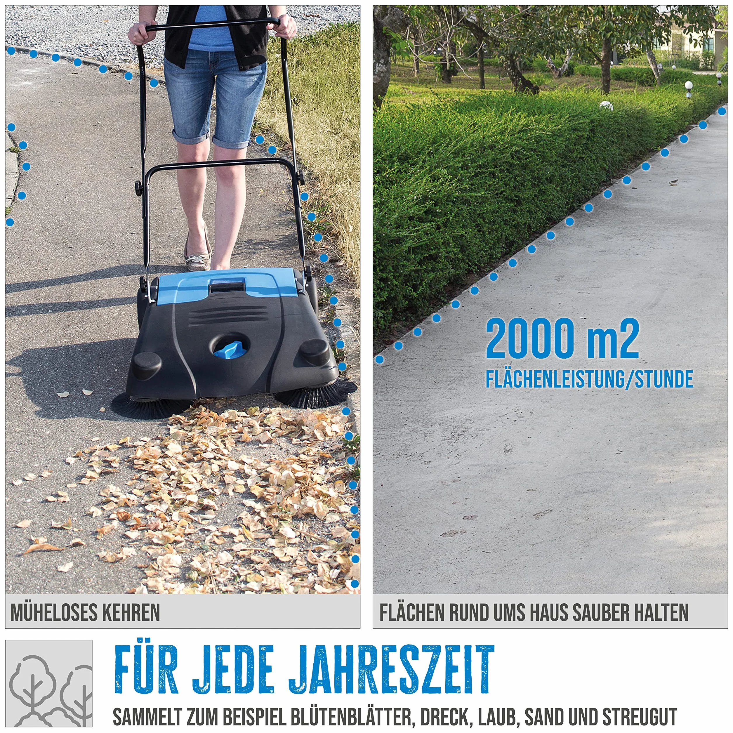 Güde Kehrmaschine GKM 700 manuell, 700 mm Kehrbreite, 14 l Schmutzbehälter, 2000 m² Flächenleistung/Stunde, Blau