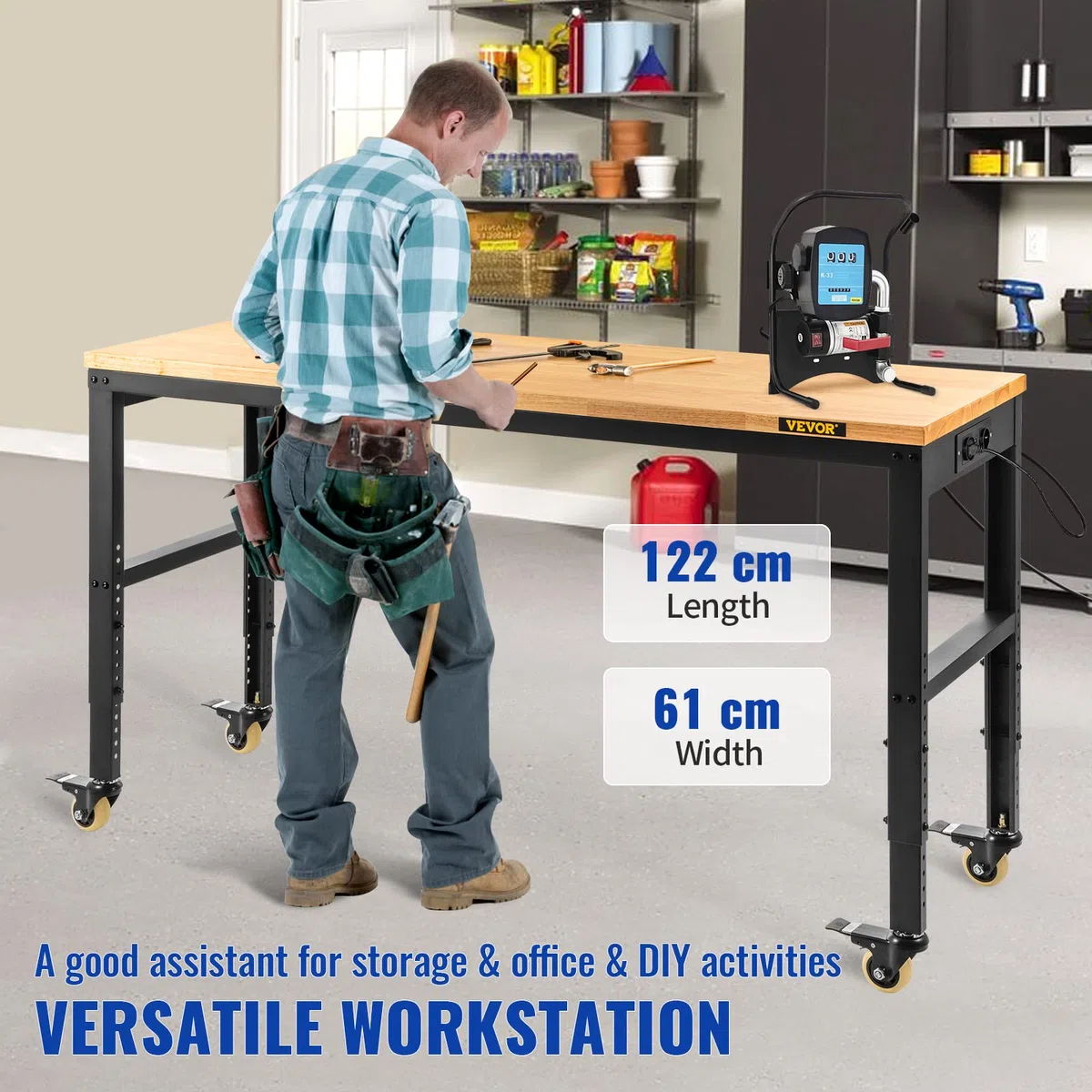 VEVOR Werkbank, höhenverstellbar, 122 cm L x 61 cm B x 104 cm H, Garagentisch mit 79 cm – 104 cm Höhe, 725,7 kg Kapazität, mit Steckdosen und Hartholzplatte und Metallrahmen & Drehgelenk Rolle