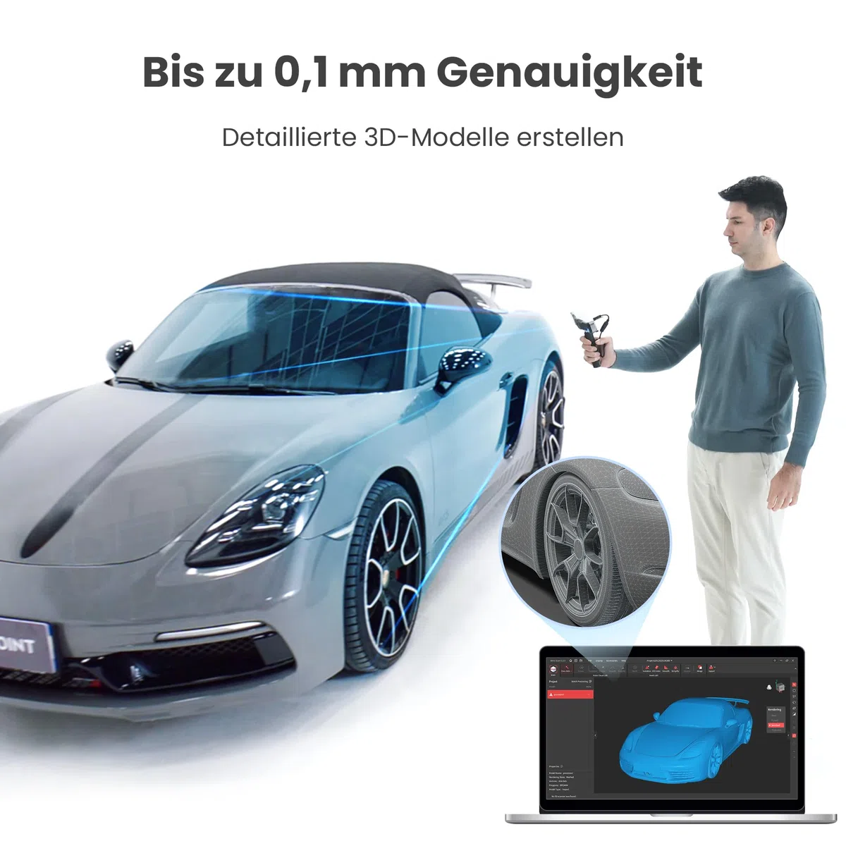 Revopoint RANGE 2 3D-Scanner Handheld, 0,1 mm Präzision, Tragbarer 3D-Scanner, Eingebaute RGB-Farbkamera, Unterstützt Körper- und Gesichtsscans, Reverse Engineering, Windows/Android/iOS/macOS