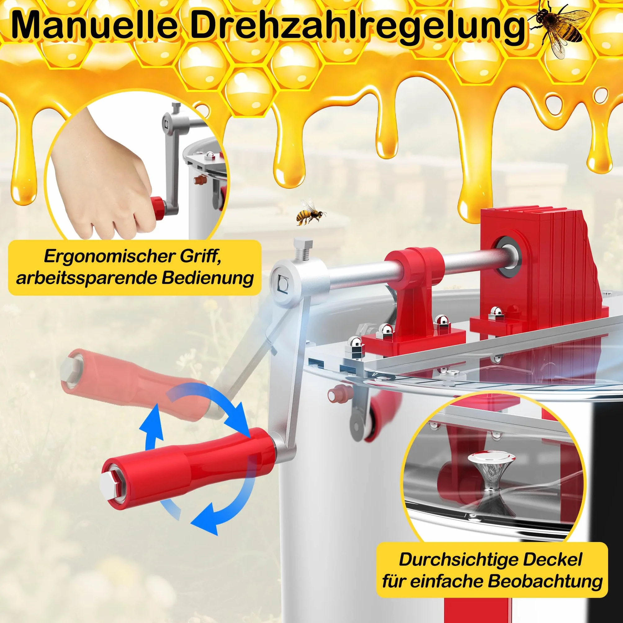 Aufun Manuelle Honigschleuder Waben Tangentialschleuder Edelstahl, Honigextraktor Tangentialschleuder mit Deckel und Verstellbarem Ständer (2 Waben)