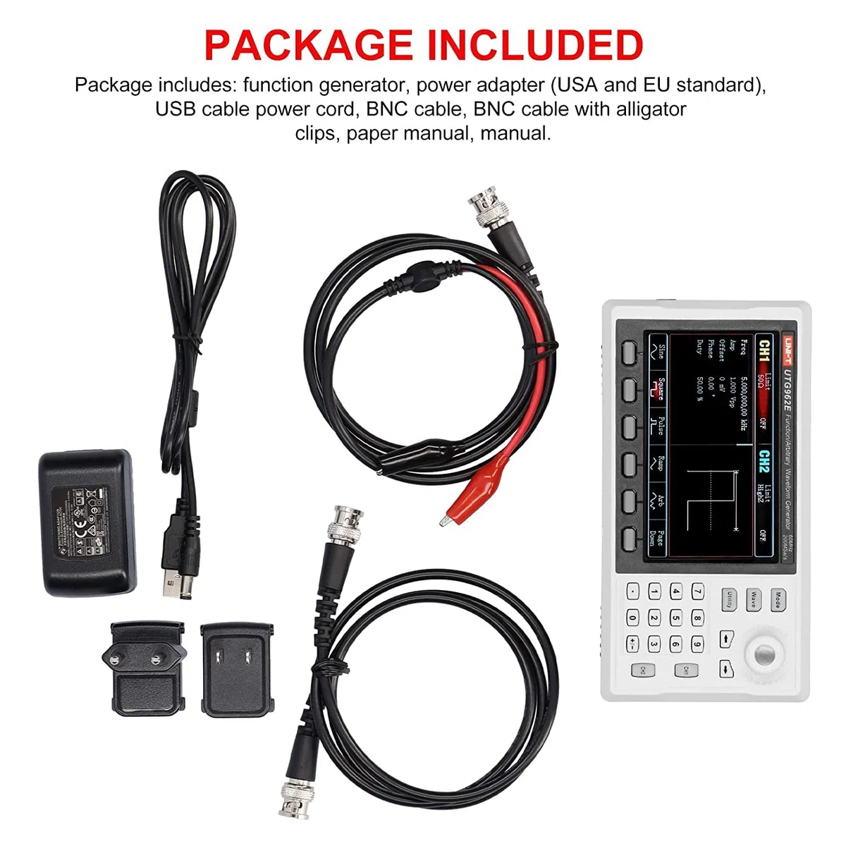 UNI-T UTG962E Signalgenerator, DDS 60MHz Function Arbitrary Waveform Generator mit 4,3 Zoll TFT LCD, 200MSa/s 2-Kanal Frequenzmesser (110-240V EU Plug) Shop in Deutschland, 3 Jahre Garantie !