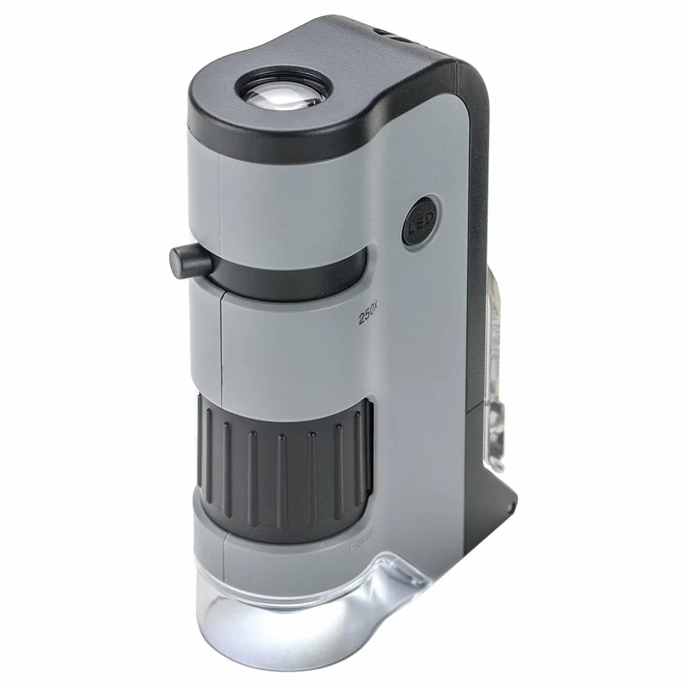 Carson MicroFlip 100x-250x Taschenmikroskop mit Smartphone-Adapterclip, UV und LED-Licht & Objektträger für Nass- und Trockenpräparate (MP-250)