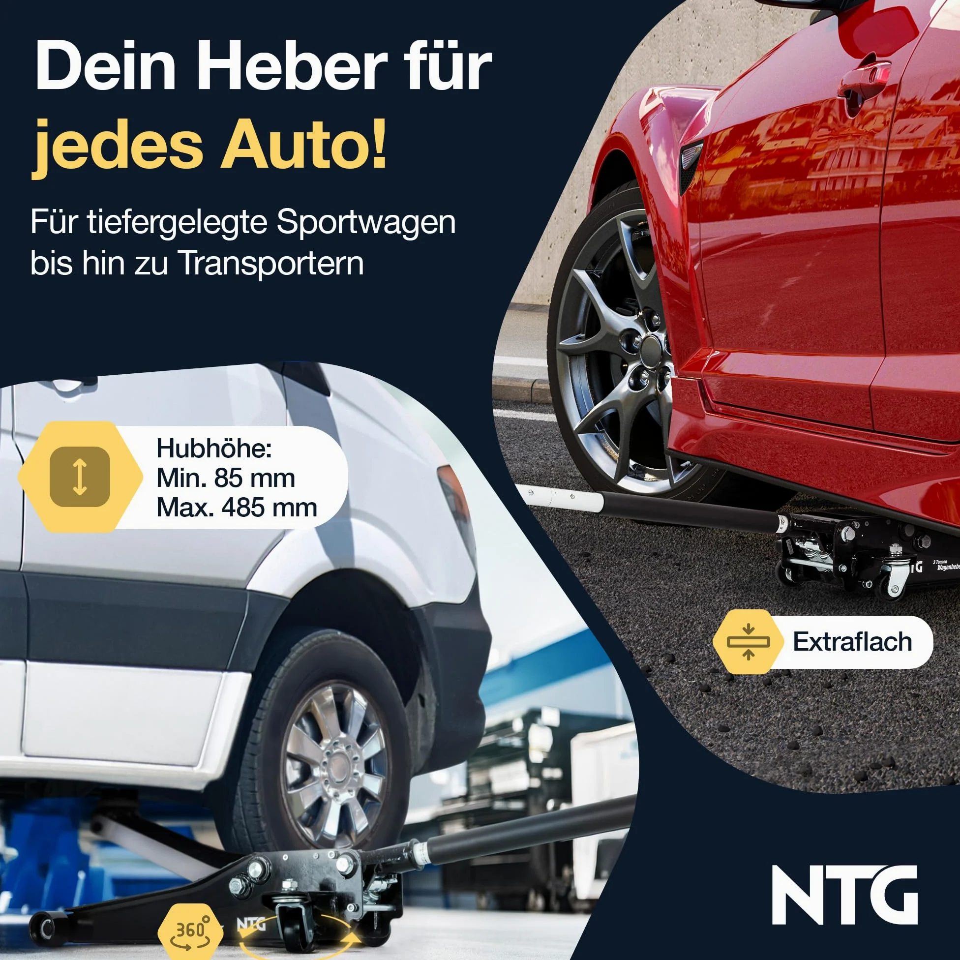 NTG HYDRAULISCHER WAGENHEBER 3T – Wagenheber Hydraulisch mit Doppelkolben & Schnellhub, 85–485 mm Hubhöhe – Rangierwagenheber inkl. 2 Gummiauflagen für PKW & SUV