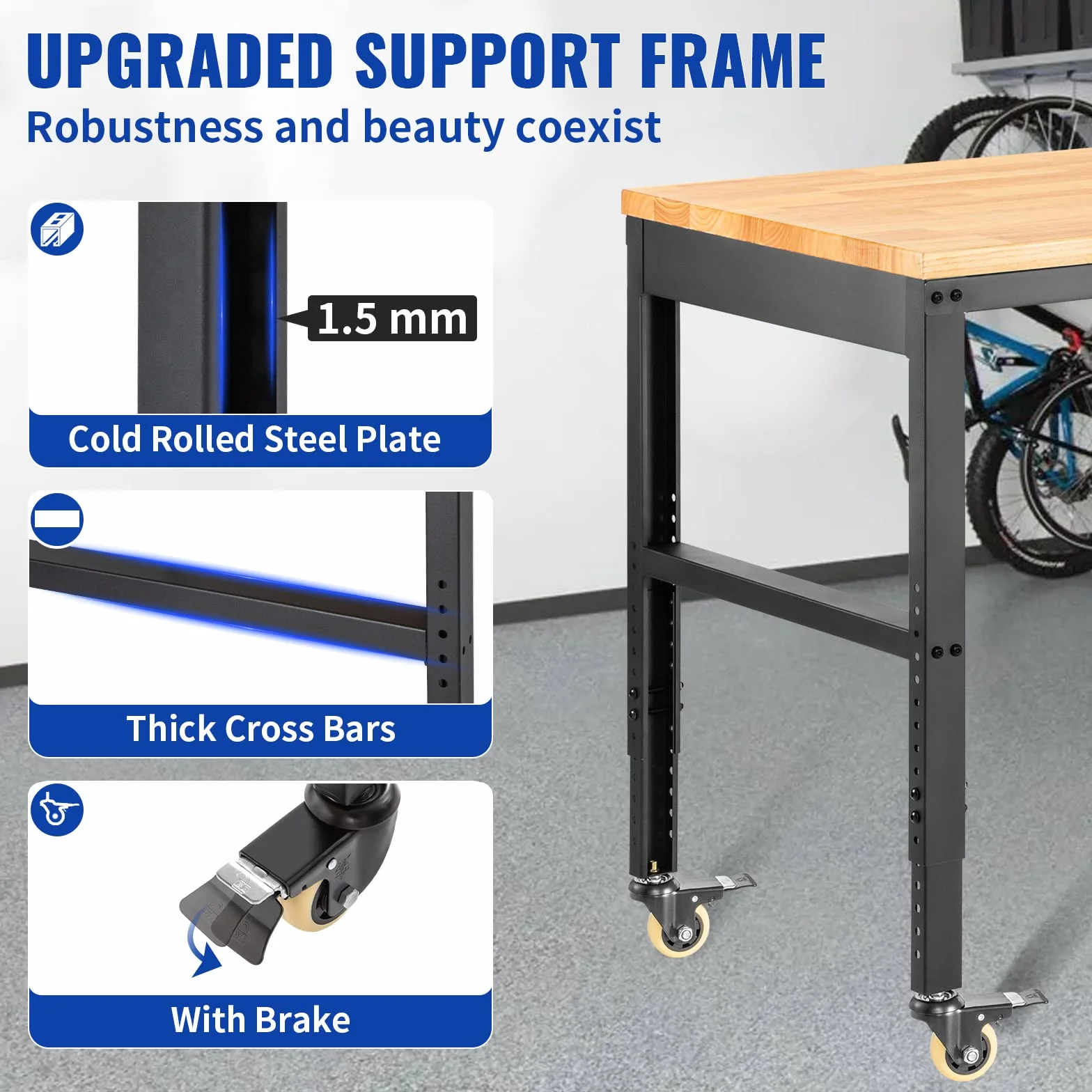VEVOR Werkbank, höhenverstellbar, 122 cm L x 61 cm B x 104 cm H, Garagentisch mit 79 cm – 104 cm Höhe, 725,7 kg Kapazität, mit Steckdosen und Hartholzplatte und Metallrahmen & Drehgelenk Rolle