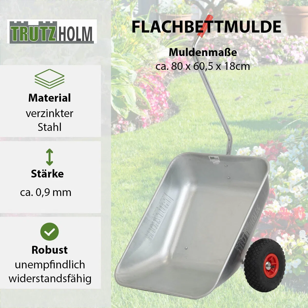 TRUTZHOLM Schubkarre Einhandkarre Friedhofskarre Pflanzkarre Gartenkarre Handwagen Traglast 100 kg Volumen 75 L mit Luft- oder Vollgummireifen (Luftreifen)