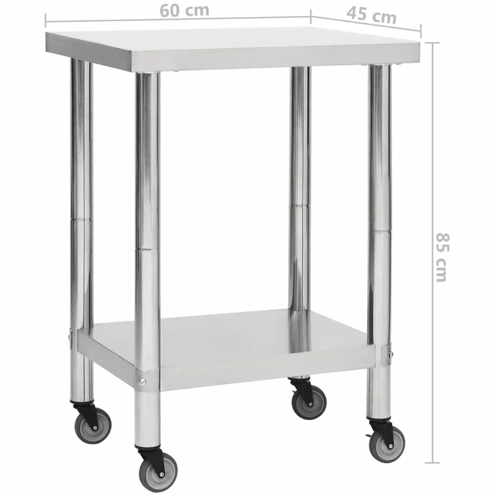 vidaXL Küche Arbeitstisch mit Rollen Küchentisch Edelstahltisch Gastronomie Gastro Tisch Zubereitungstisch 60x45x85cm Edelstahl Silbern