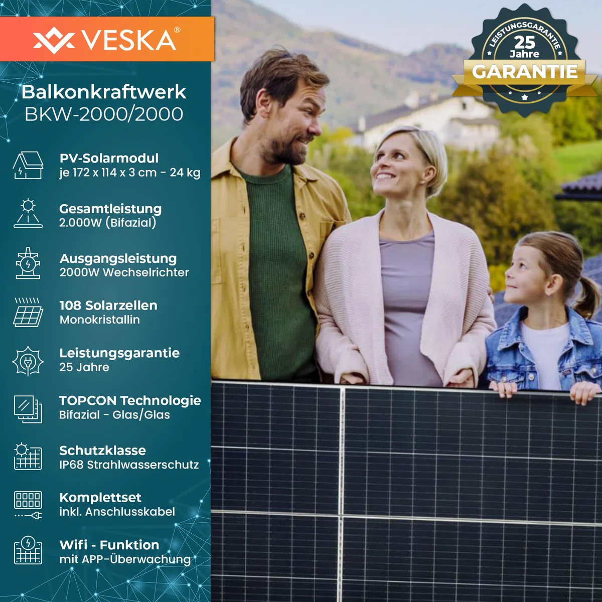 Balkonkraftwerk 2000W - Solaranlage Bifaziale Glas/Glas Paneele, WiFi Smarte PV Anlage Echtzeit-Überwachung via App mit WLAN