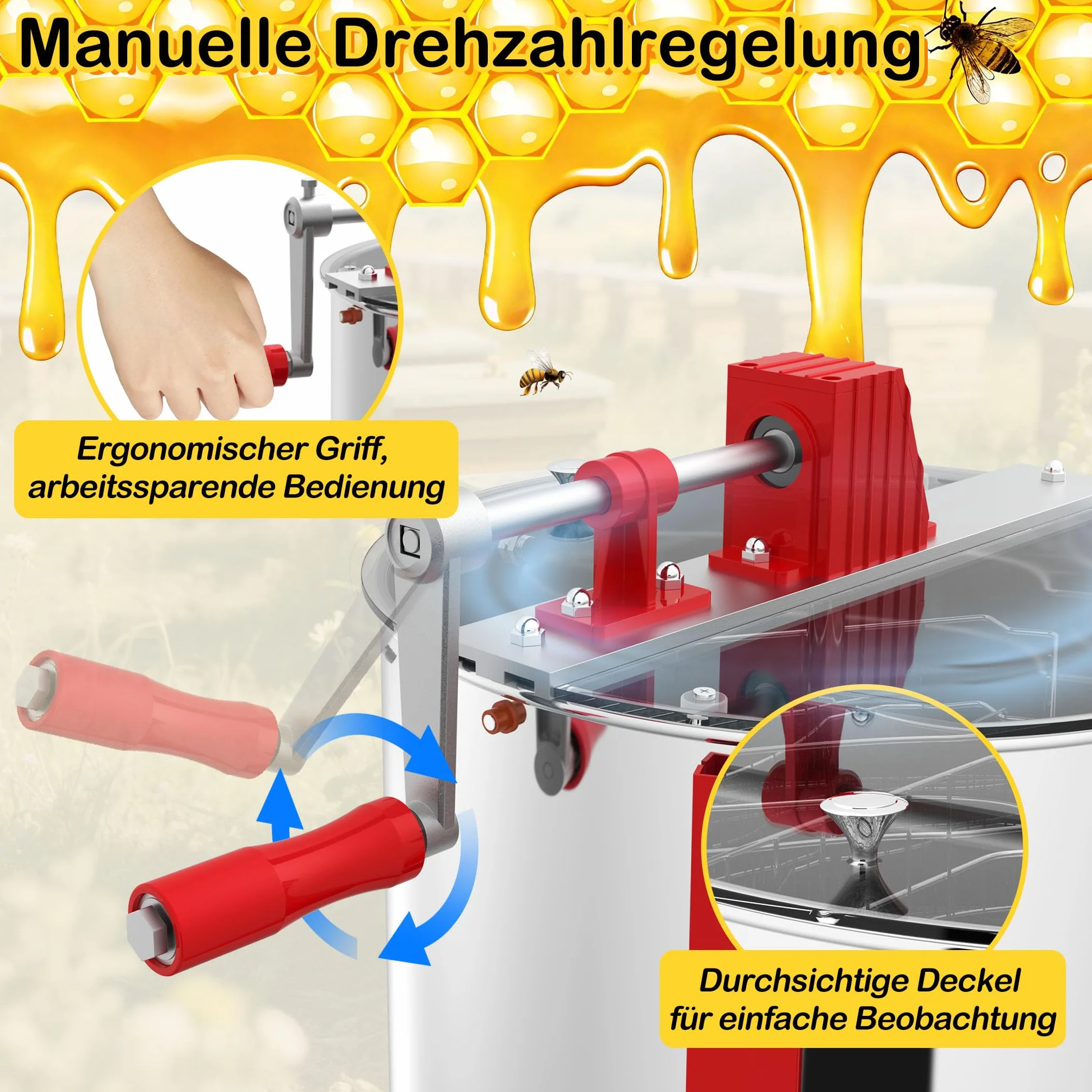 ACXIN Honigschleuder Edelstahl Manuell Honigextraktor für Hobby- und Profi-Imker Verstellbare Beine 15-20kg Kapazität Bienenzüchter Zubehör Schleuder Honig mit Deckel und Handkurbel (Ø 48cm - 4 Waben)
