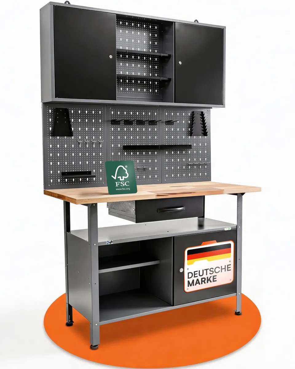 Ondis24 Werkstatteinrichtung Klaus, Metall, 1 Werkstattschrank, Lochwand, Hakensortiment (Arbeitshöhe 85 cm, Schwarz)