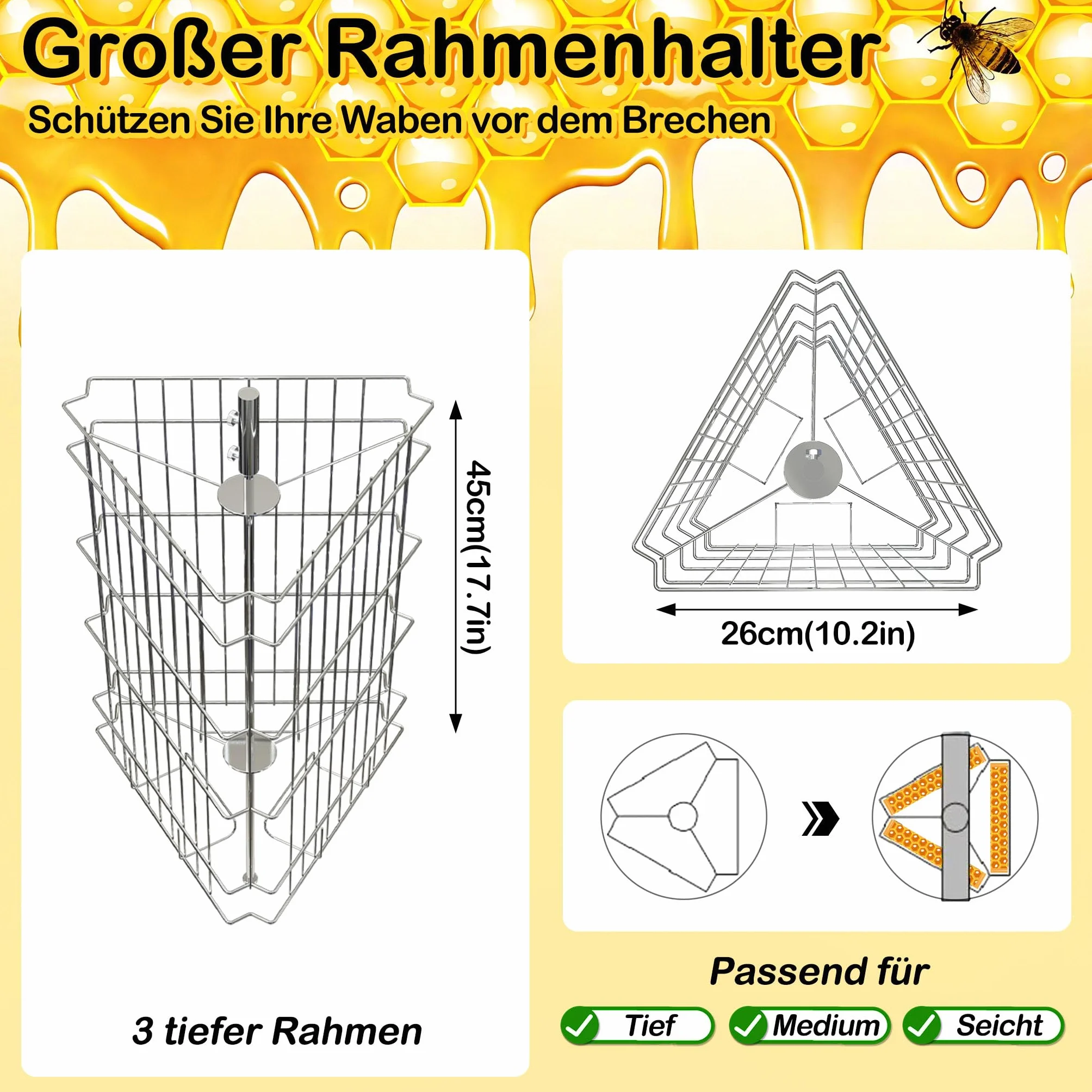 UISEBRT Manuelle Honigschleuder aus Edelstahl 3 Waben | Honigextraktor Tangentialschleuder mit Deckel und Verstellbarem Ständer 101-111cm | Handbetriebene Honigpresse für Imker | Ø 38cm