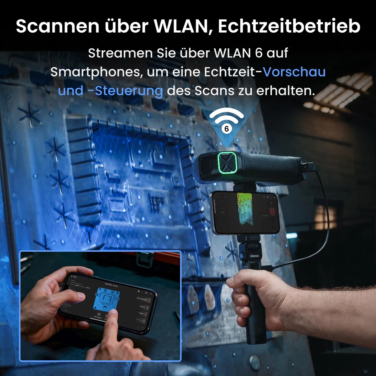 Revopoint MetroY Pro 3D-Scanner für 3D-Druck, 5 Scanmodi, bis zu 0,01 mm Präzision, 34+15+1 industrieller Blaulaser-Handscanner, 62-Linien-Vollfeld, Echtzeit-Vorschau, Wi-Fi 6, Vollfarbe