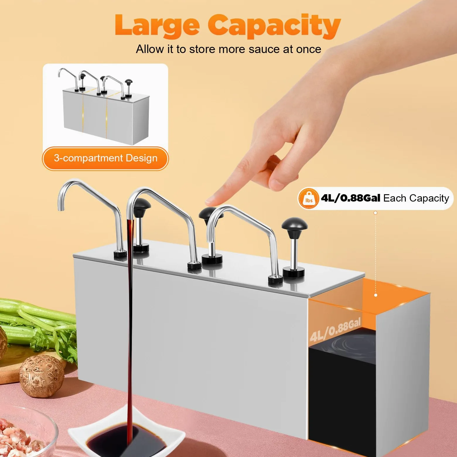 Saucenspender Gastro Edelstahl, 4Lx3 Soßenpumpenspender mit Pumpe, 3 Köpfe Soßenspender Pumpstation für Sojasoße Essig Ketchup