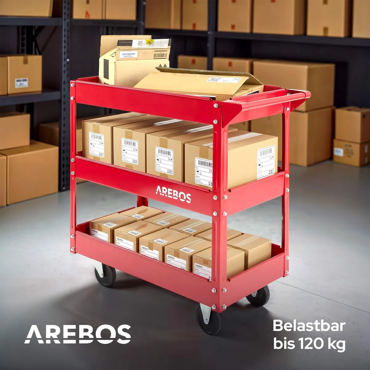 Arebos Werkstatt-Rollwagen | Montagewagen mit 3 Ablagefächern | bis 120 kg belastbar | robuster Werkzeugwagen aus Stahl | Mobile Transporthilfe | für Werkstatt, Garage & Hobbyraum | 2er Set