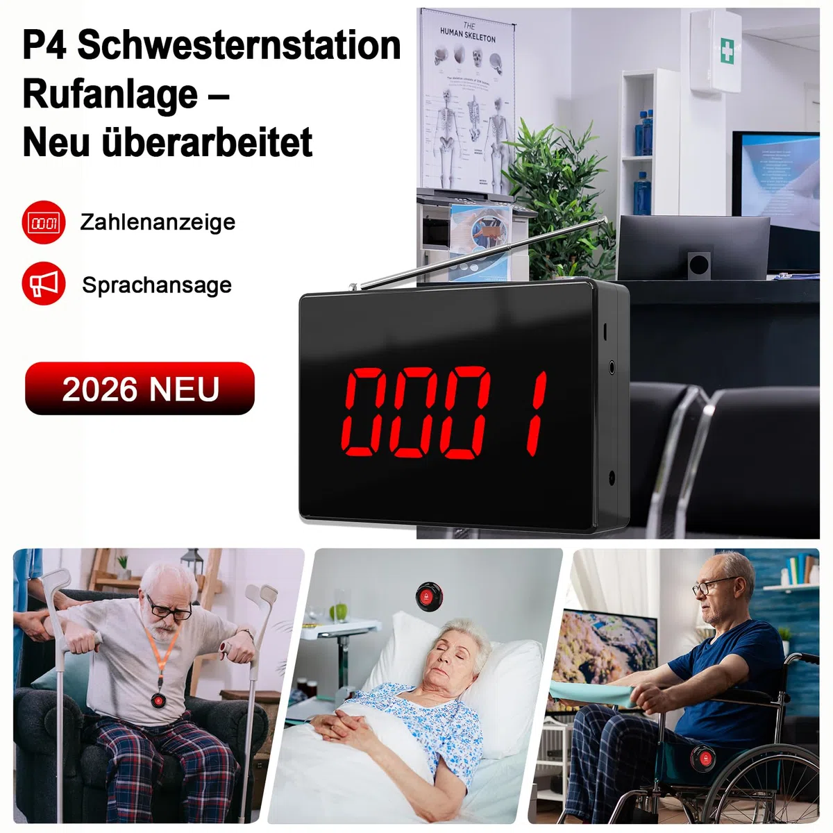 CallToU Pager mit Sprachaufruf für Pflegestationen, Restaurants | Display-Empfänger;Zahlenanzeige;Sprachansage;300M Große Reichweite;Erweiterbarer Notrufknopf