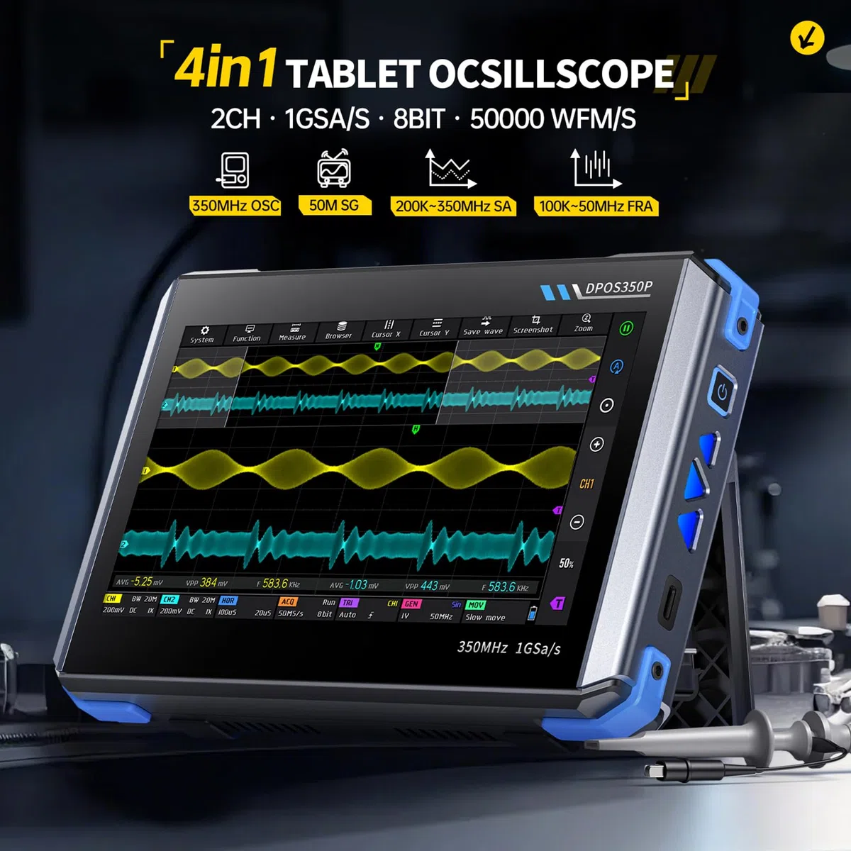 DEWIN Digitales Oszilloskop, DPOS350P 4-in-1 350mHz 1GSPS Tablet-oszilloskop Signalgenerator Spektrumanalysator Frequenzganganalysator